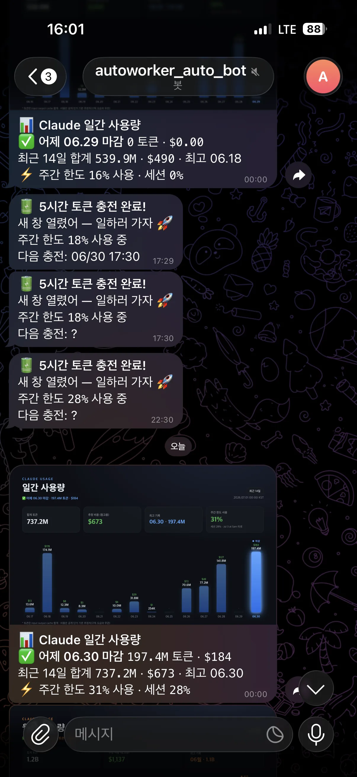 직접 만든 텔레그램 봇의 Claude 일간 토큰 사용량 리포트 — 최근 14일 737.2M 토큰, 주간 한도 31% 사용, API 공개단가 환산 시 약 $673